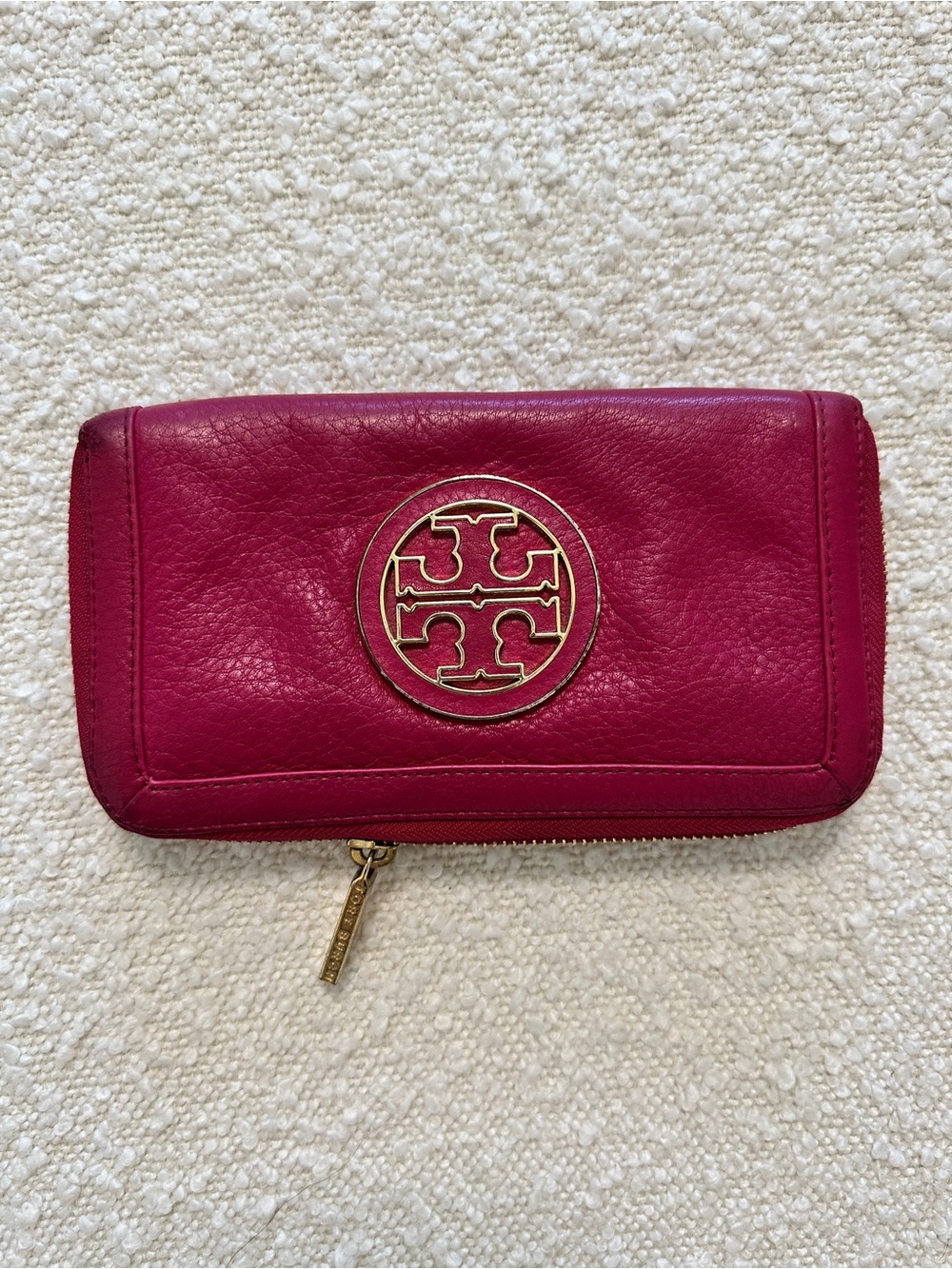 Tory Burch Fuchsia Pebbled Leather Zip Around Wallet Gold Logo
